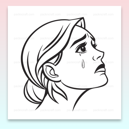 Illustration de femme en larmes dessinée avec des lignes claires, idéale pour projets créatifs.