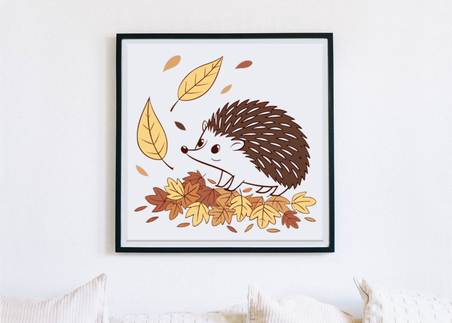 Cadre déco avec hérisson curieux dans feuilles d'automne pastel thème forêt