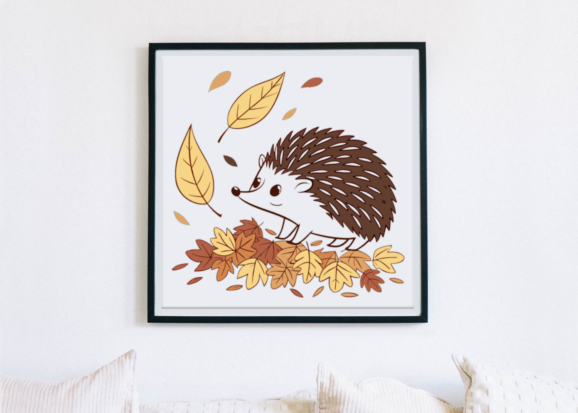 Cadre déco avec hérisson curieux dans feuilles d'automne pastel thème forêt