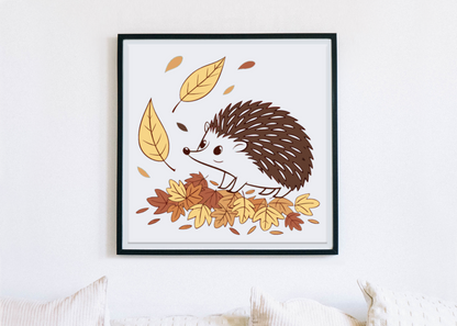 Cadre déco avec hérisson curieux dans feuilles d'automne pastel thème forêt