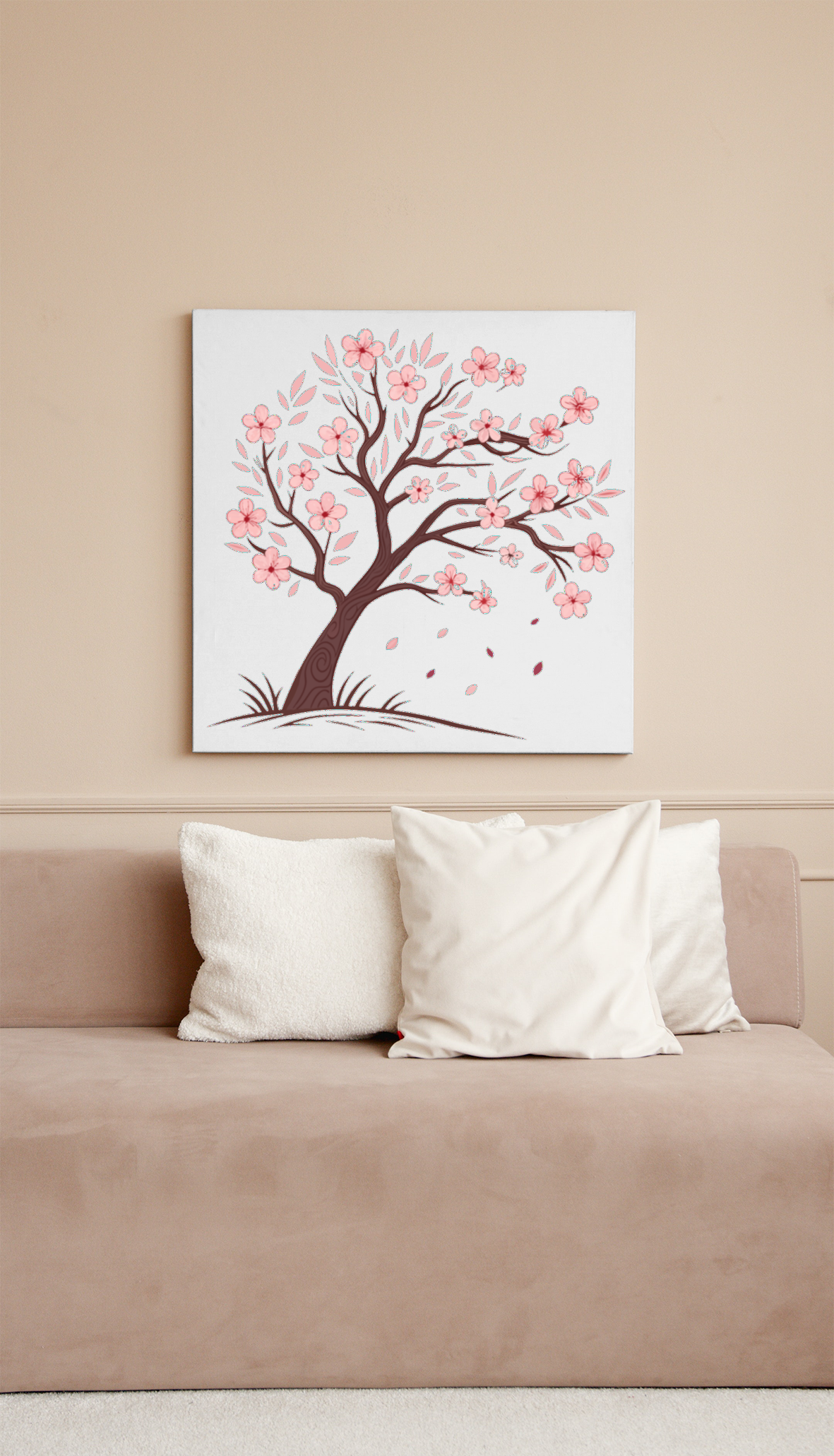 Cadre affichant un cerisier en fleurs dans une palette pastel évoquant un thème japonais