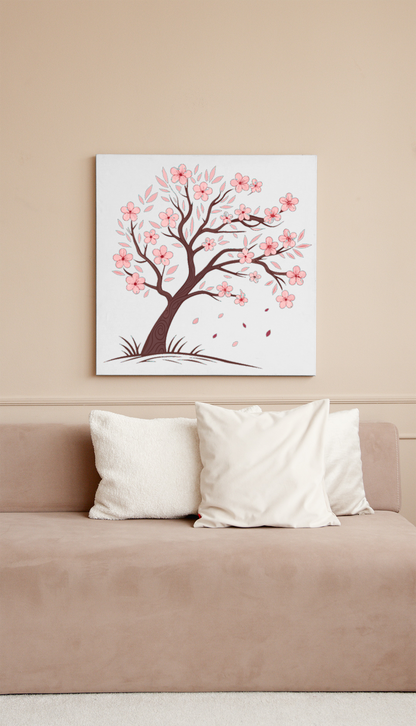 Cadre affichant un cerisier en fleurs dans une palette pastel évoquant un thème japonais