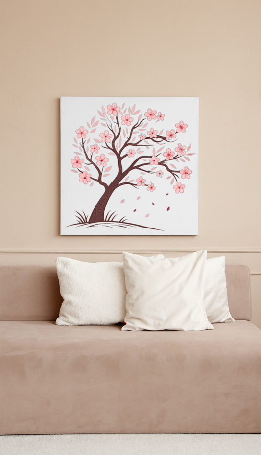 Cadre affichant un cerisier en fleurs dans une palette pastel évoquant un thème japonais