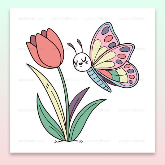 Illustration d'un papillon rêveur près d'une tulipe en style doodle printanier, usage DIY et éducatif