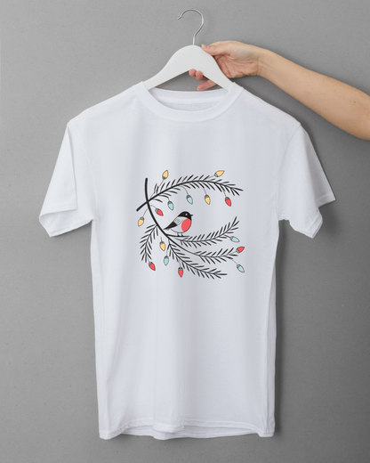 T-shirt avec oiseau décoratif aux tons pastels pour un Noël éclatant et festif