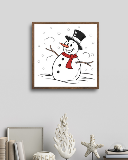 Cadre décoratif avec un bonhomme de neige minimaliste sur fond enneigé