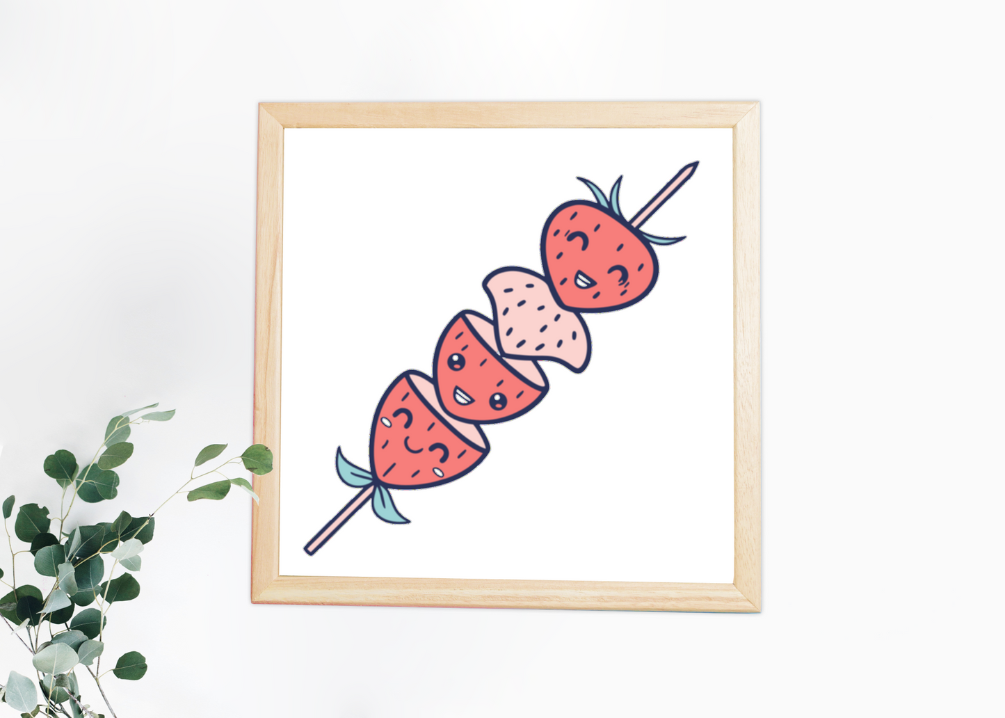 Cadre avec fraises kawaii en brochette style joyeux pour une touche gourmande