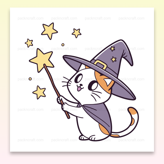 Chat kawaii déguisé en sorcier avec un chapeau pointu et des étoiles magiques. Idéal pour DIY et décorations.