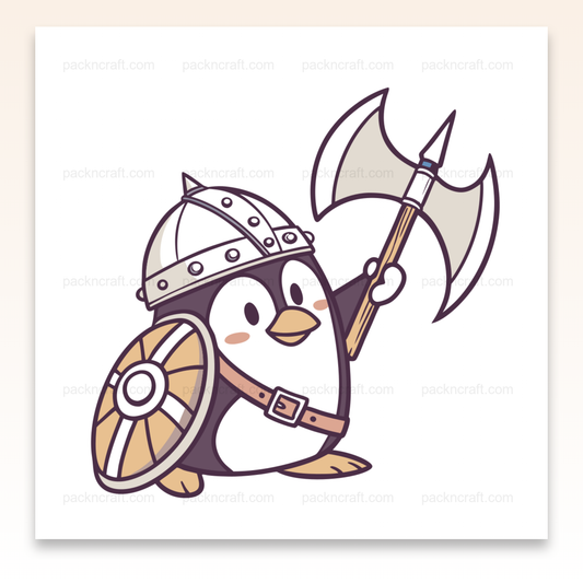 Illustration de pingouin déguisé en viking avec casque et hache, versatile pour DIY.