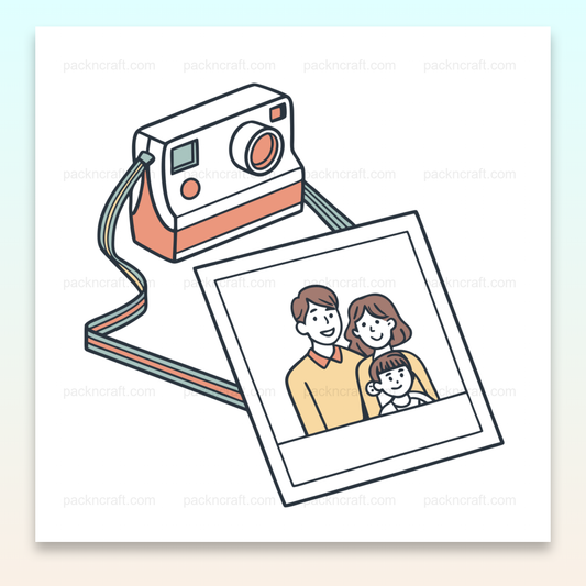 Illustration d'un appareil photo vintage avec une photo de famille en style minimaliste pour projets créatifs et éducatifs