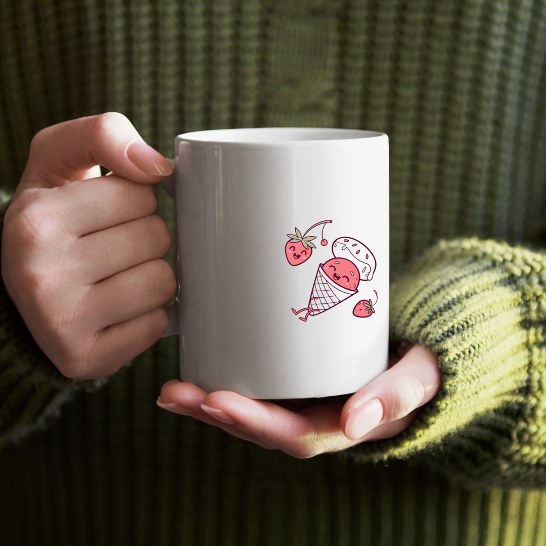 Mug avec motif kawaii d'une fraise joyeuse en cornet ambiance été gourmand