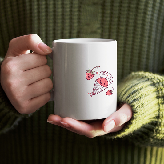 Mug avec motif kawaii d'une fraise joyeuse en cornet ambiance été gourmand