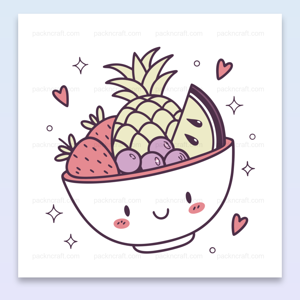 Illustration kawaii d'un bol de fruits souriant, idéale pour DIY et papeterie.