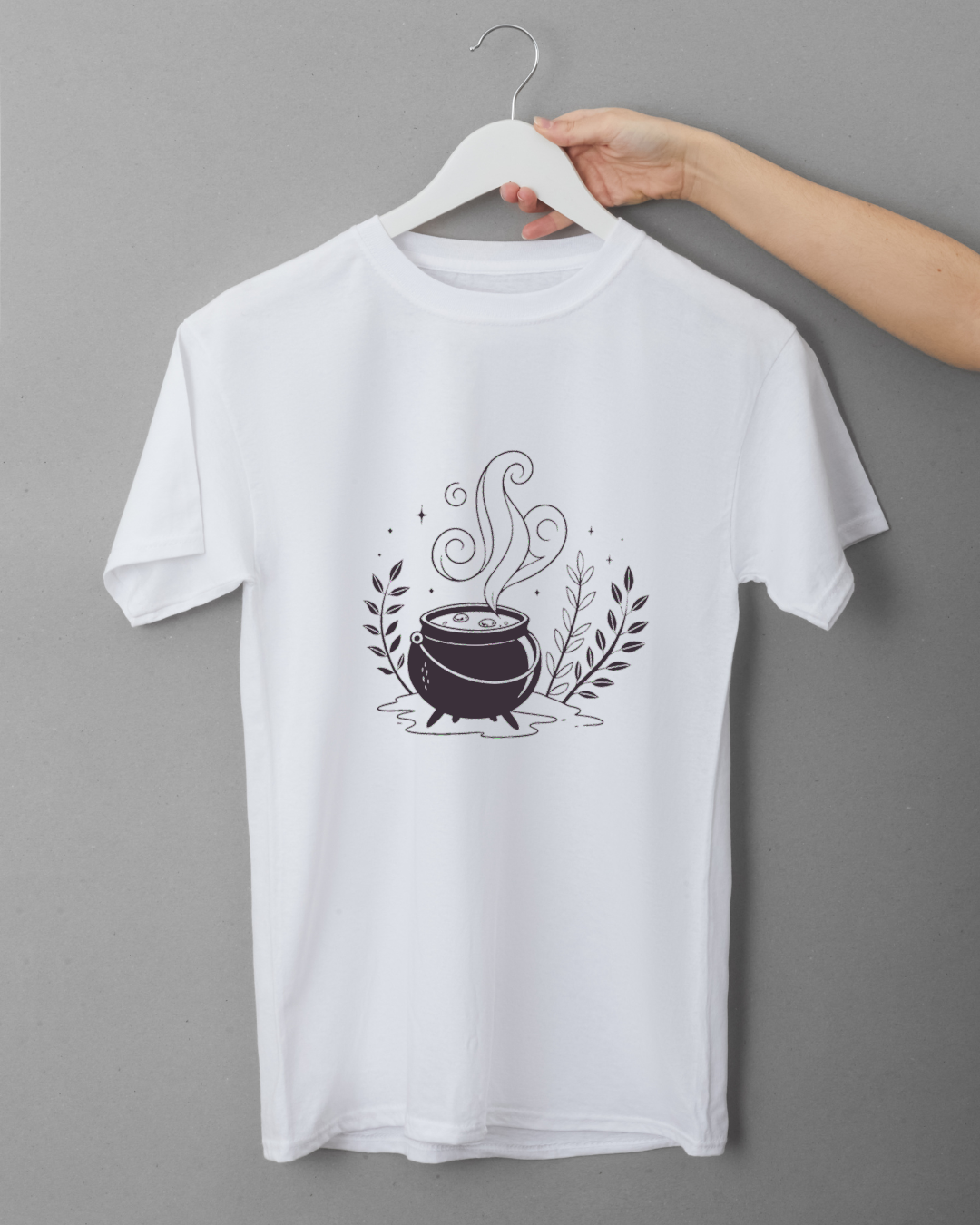 T-shirt en coton avec une icône numérique mystérieuse de chaudron magique bouillonnant