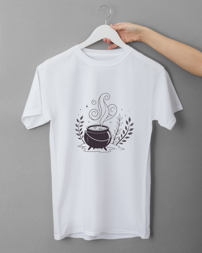 T-shirt en coton avec une icône numérique mystérieuse de chaudron magique bouillonnant