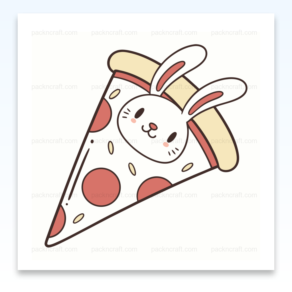 Illustration d'un lapin joueur dans une pizza en style kawaii, utilisable pour décoration et projets créatifs.