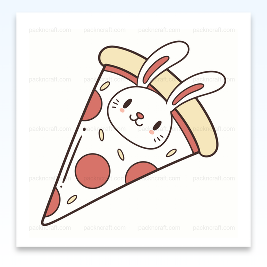 Illustration d'un lapin joueur dans une pizza en style kawaii, utilisable pour décoration et projets créatifs.