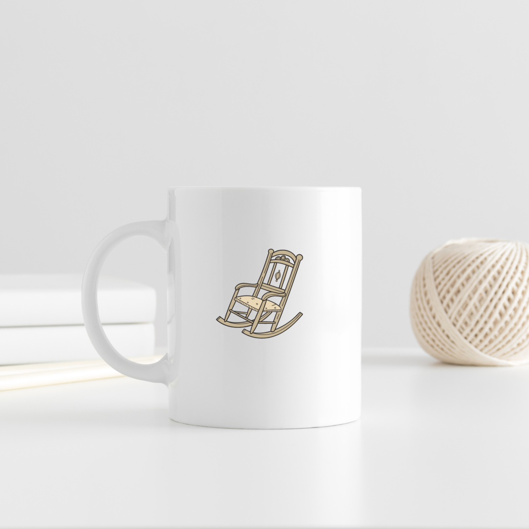 Mug avec icône de chaise à bascule sur fond style rétro, intérieur vintage