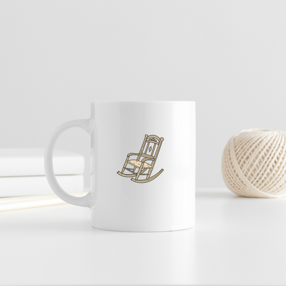 Mug avec icône de chaise à bascule sur fond style rétro, intérieur vintage