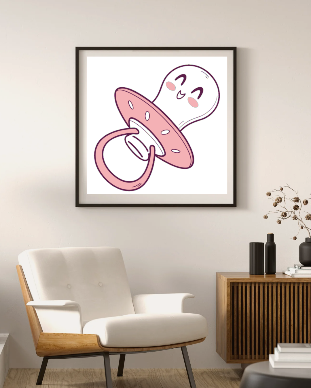 Cadre avec dessin de tétine kawaii, parfait pour décorer une chambre d'enfant.