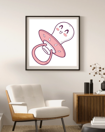 Cadre avec dessin de tétine kawaii, parfait pour décorer une chambre d'enfant.