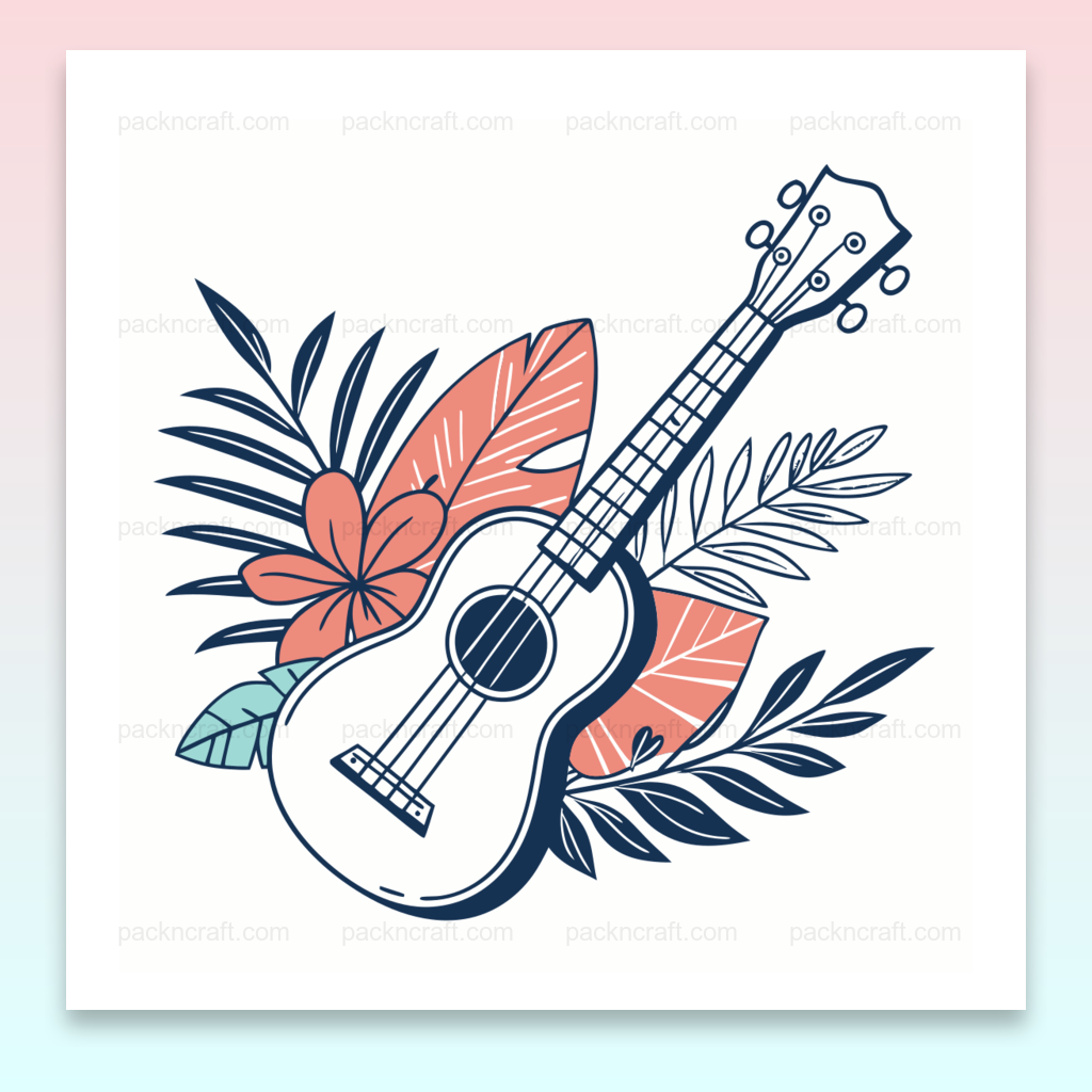 Illustration vectorielle d'un ukulélé tropical entouré de feuilles et fleurs pour projets créatifs