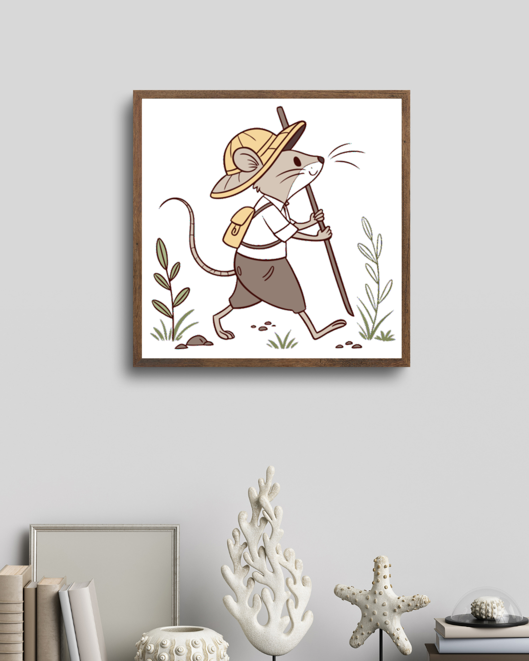 Cadre au design minimaliste avec souris exploratrice et thème aventure enchantée