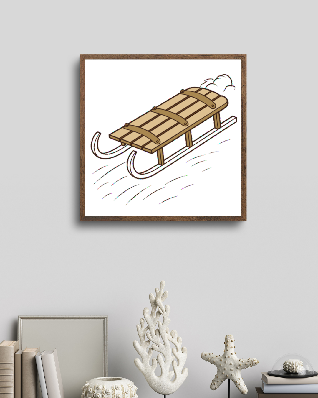 Cadre décoratif avec motif de luge en mouvement, idéal pour un décor hivernal vibrant