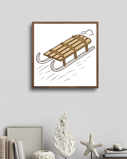Cadre décoratif avec motif de luge en mouvement, idéal pour un décor hivernal vibrant