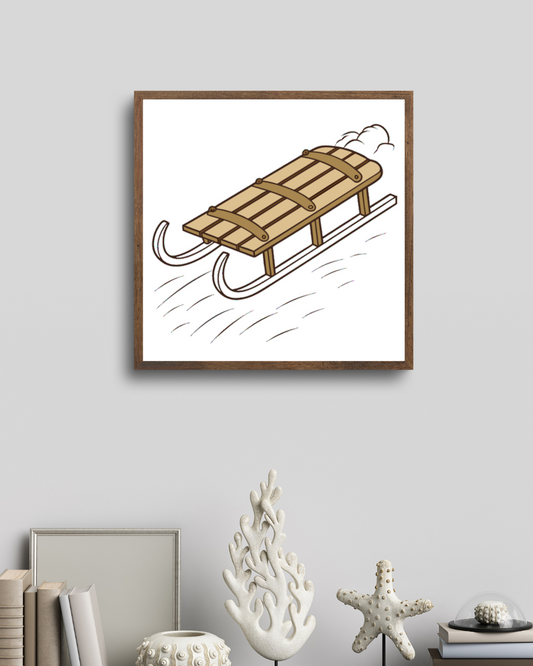 Cadre décoratif avec motif de luge en mouvement, idéal pour un décor hivernal vibrant