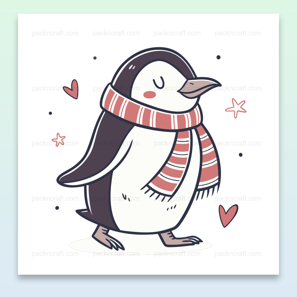 Illustration de pingouin paisible en écharpe, style doodle, pour projets créatifs.