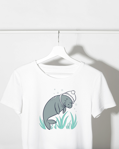T-shirt en coton avec motif marin paisible montrant un lamentin endormi