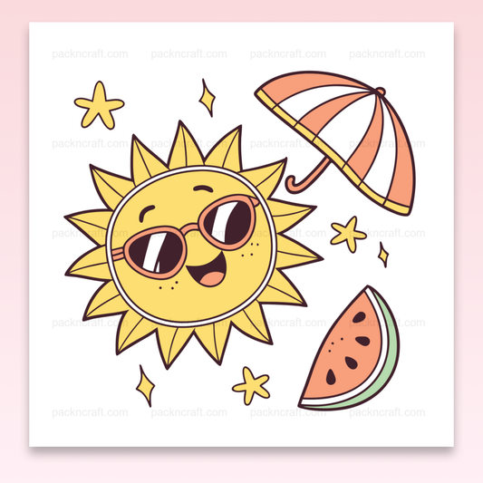 Illustration d'un soleil joyeux avec parasol, pour décoration estivale et DIY.