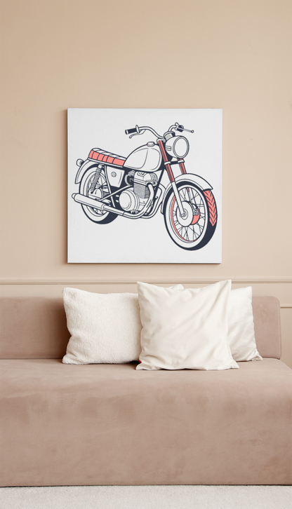 Cadre décoratif avec dessin stylisé de moto rétro sur fond de thème voyage
