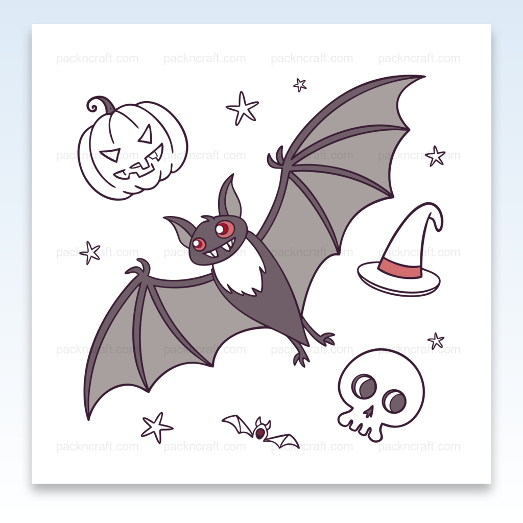 Illustration de chauve-souris souriante et éléments Halloween en SVG, idéale pour déco et DIY.