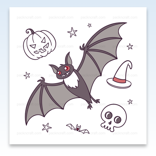 Illustration de chauve-souris souriante et éléments Halloween en SVG, idéale pour déco et DIY.