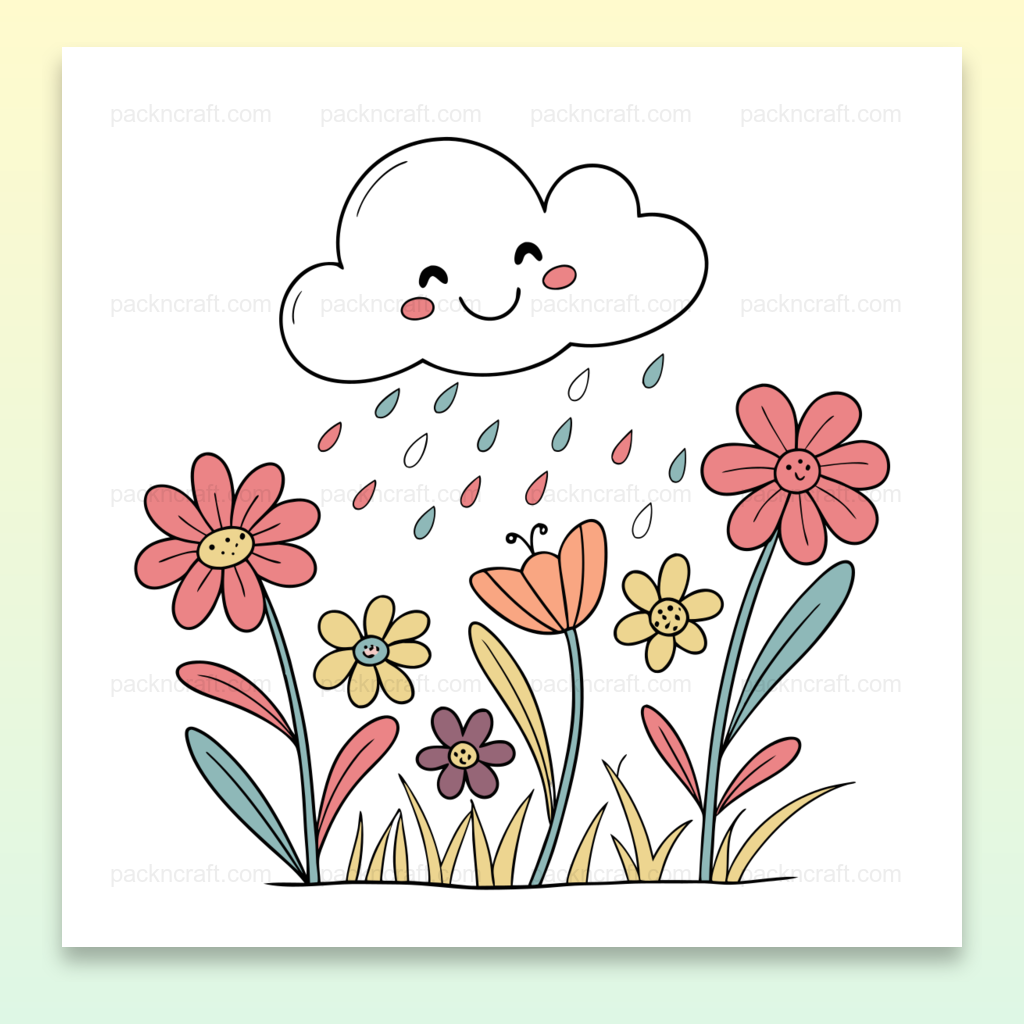 Illustration d'un nuage joyeux arrosant des fleurs dans un style pastel, idéal pour projets de déco et DIY.