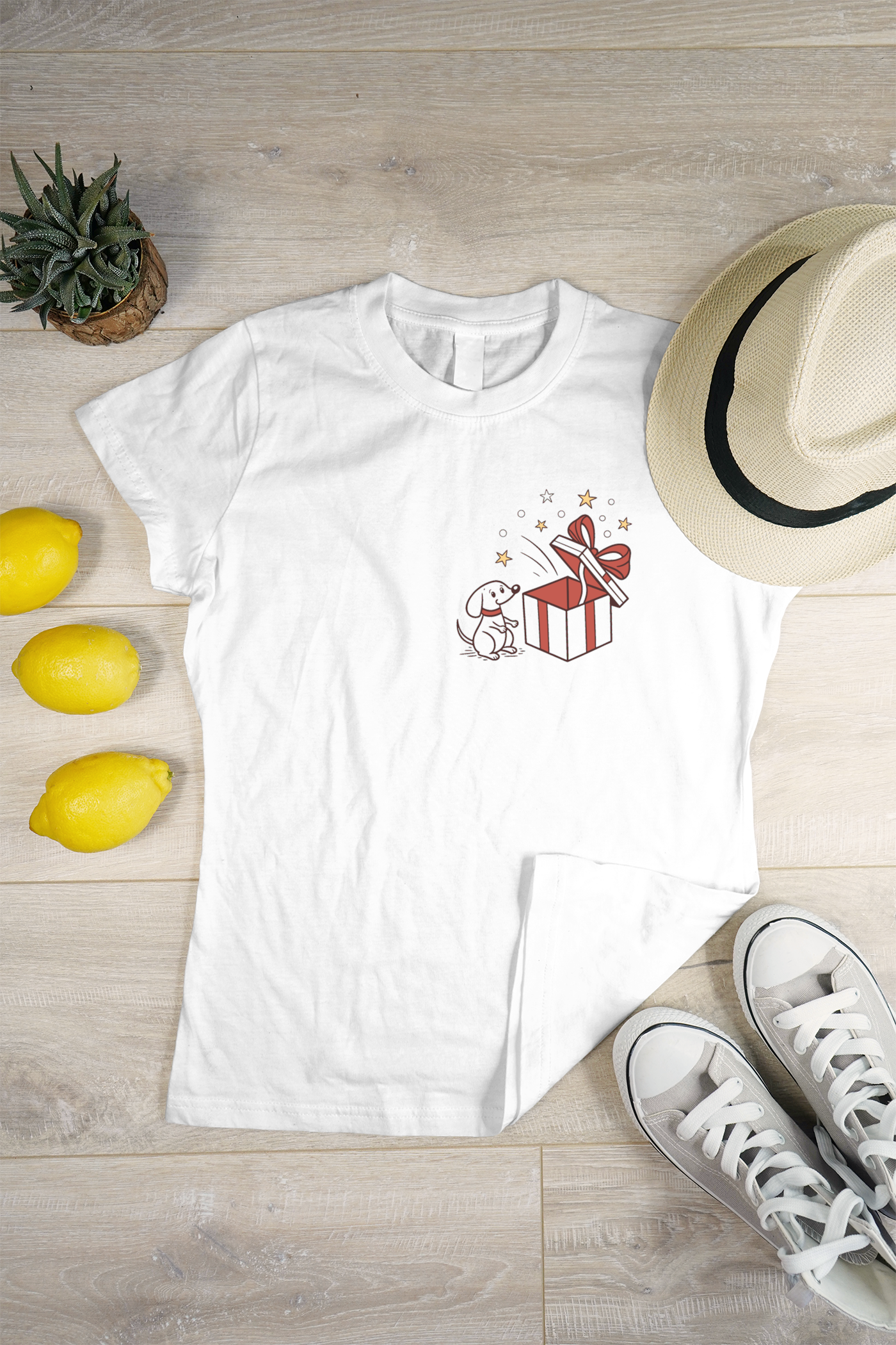 T-shirt avec motif chien curieux étoilé style festif idéal pour cadeaux amusants