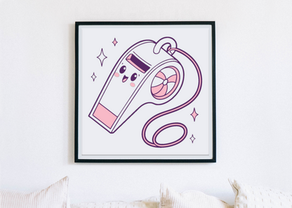 Affiche sifflet kawaii dans un cadre, touche ludique et adorable