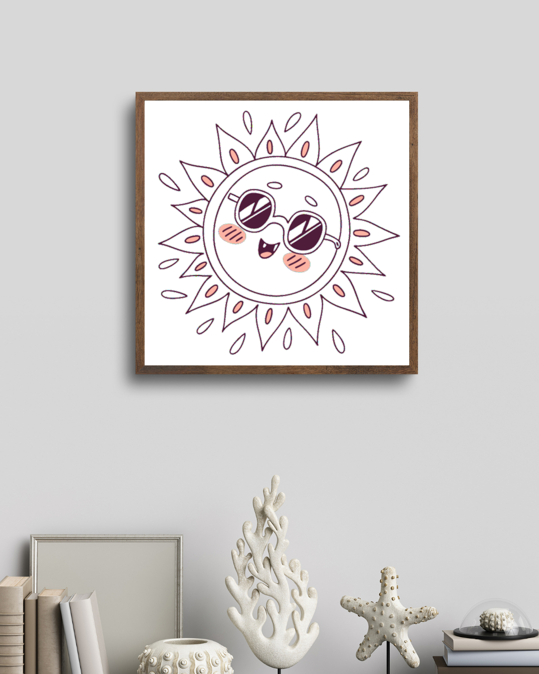 Cadre décoratif style flat avec un joyeux soleil portant des lunettes