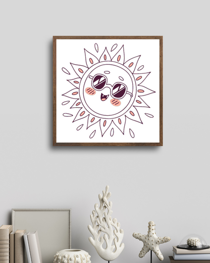 Cadre décoratif style flat avec un joyeux soleil portant des lunettes