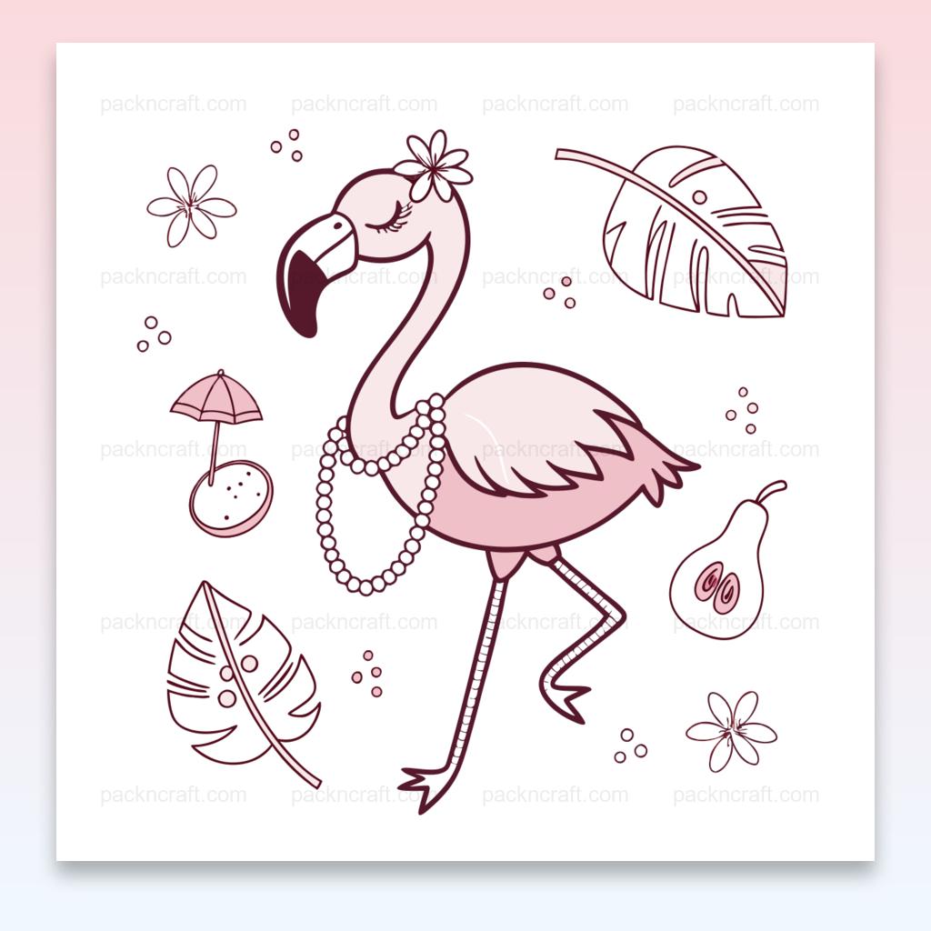 Flamant rose chic avec collier de perles dans un thème tropical, idéal pour DIY.