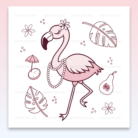 Flamant rose chic avec collier de perles dans un thème tropical, idéal pour DIY.