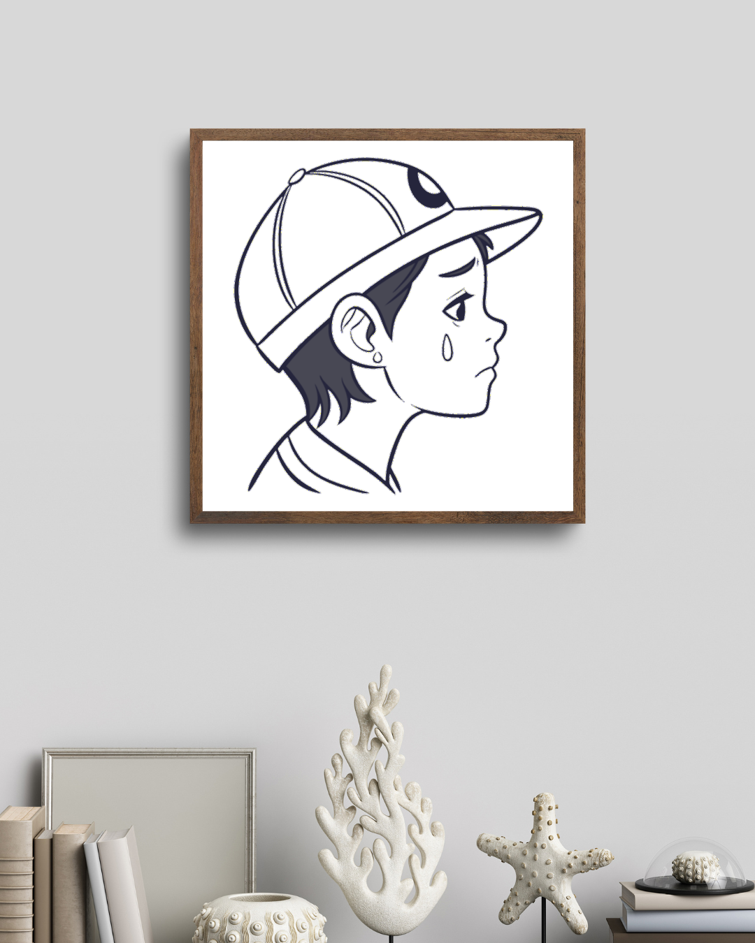 Cadre décoratif avec icône garçon triste en casquette style ligne émotive