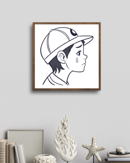 Cadre décoratif avec icône garçon triste en casquette style ligne émotive