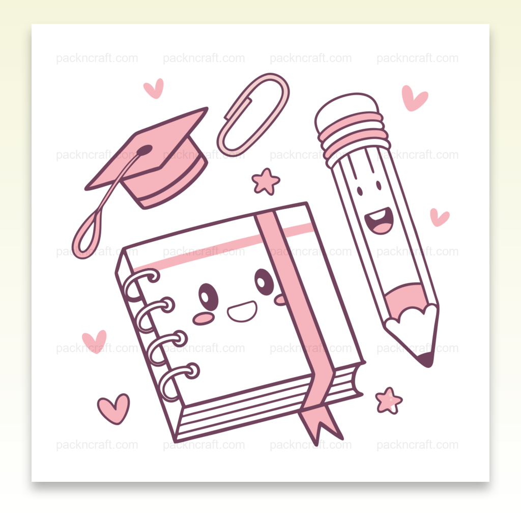 Illustration kawaii d'un bloc-notes et crayon en fête, usage pour école et DIY.