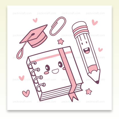 Illustration kawaii d'un bloc-notes et crayon en fête, usage pour école et DIY.