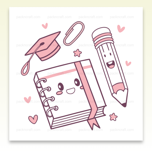 Illustration kawaii d'un bloc-notes et crayon en fête, usage pour école et DIY.