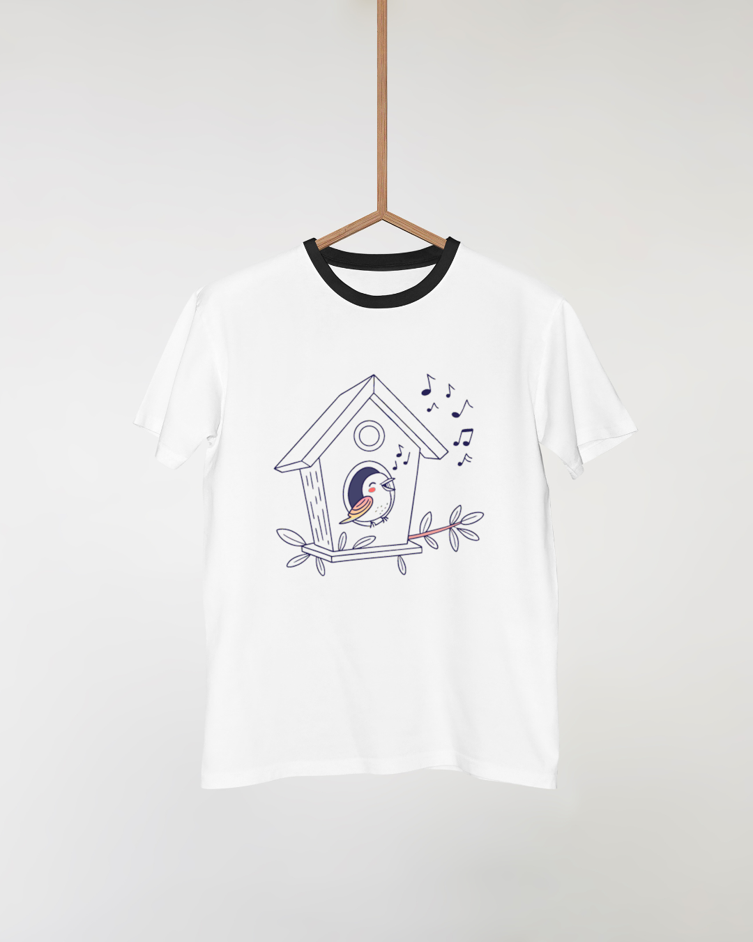 T-shirt avec doodle d'un oiseau chantant nichoir style naturel minimaliste