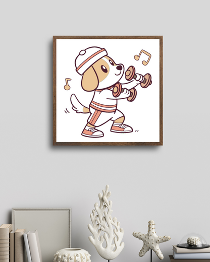 Cadre avec dessin de chien musclé en action pour un thème Fitness dynamique